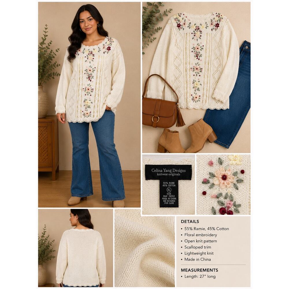 Celina Yang Designs VTG XL Embroidered Knit Long Sleeves SWEATER